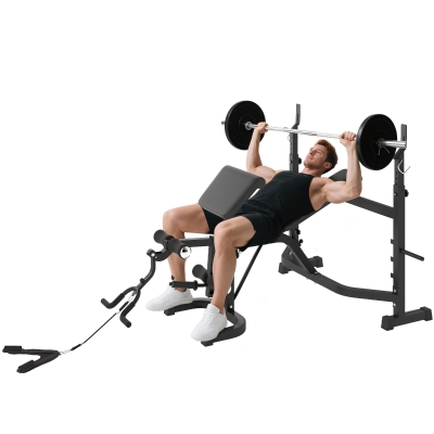 Soozier Weight Bench Stand with Squat Rack, Adjustable Olympic Bench, Multifunctional Arm Curl Pad, Leg Extension, Grey
