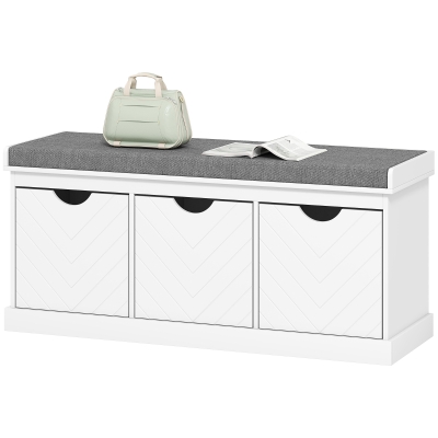 HOMCOM Shoe Storage Bench, Linen-Look Entryway Bench with 3 Removable Drawers and Padded Seat Cushion for Hallway, White