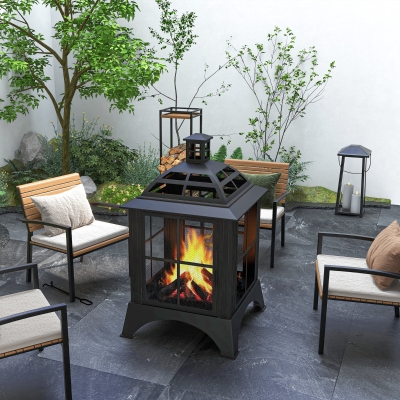 Outsunny Wood-Burning Fire Pit, Chimney Style Firepit with Poker, 28" x 28", Black