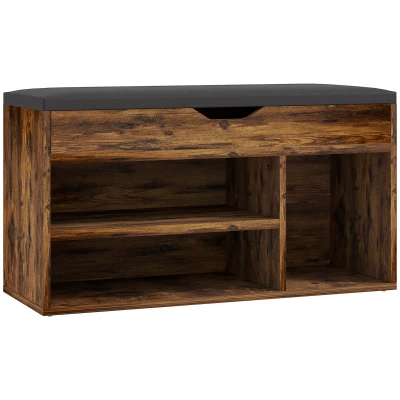 HOMCOM Shoe Bench Entryway Storage Rack with Padded Cushion, Hidden Storage for Hallway, Living Room, Rustic Brown