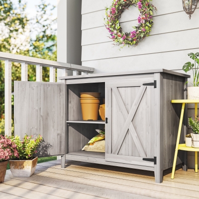 Outsunny Wooden Outdoor Storage Cabinet, Garden Shed Potting Shed with Shelf and Double Doors, Light Grey