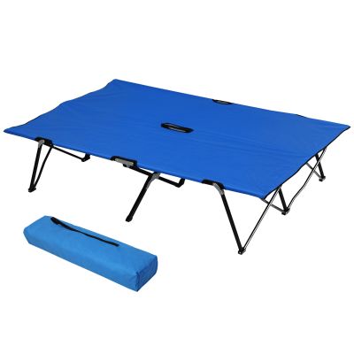 Outsunny 76" Two Person Folding Camping Cot Outdoor Portable Double Cot Wide Military Sleeping Bed w/ Carrying Bag Blue