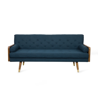 Mid-Century Modern Tufted Fabric Sofa with Rolled Accent Pillows, Daybed with Gold Tipped Rubberwood Legs, 72'' L x 30.5'' W x 32'' H, Navy Blue