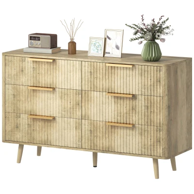 HOMCOM Fluted Chest of Drawers, Modern 6 Drawer Dresser with Pine Wood Legs, Finger Pulls for Closet, Living Room, Hallway, Oak