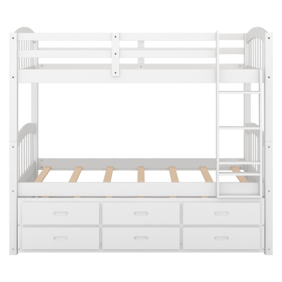 Twin Over Twin Wood Bunk Bed with Trundle and Drawers, Wood Construction, Double-Decker Bed for Children, 81" L x 42.5" W x 67" H, White
