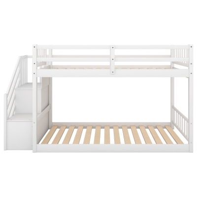 Twin Over Twin Floor Bunk Bed with Storage Ladder, Solid Pine Wood, Double-Decker Bed for Children, 93.5" L x 42.5" W x 50.5" H, White