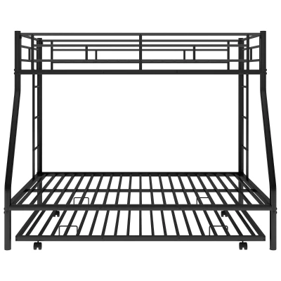Twin Over Full Bunk Bed with Steel Frame, Twin Size Trundle, Two-Side Ladders, Double-Decker Bed for Compact Room, 78" L x 56.5" W x 63" H, Black