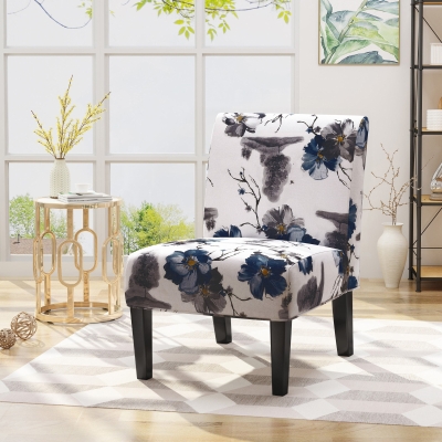 Contemporary Accent Chair with Rubberwood Tapered Legs, Upholstered Seating for Dining Room, 22.5'' L x 29.5'' W x 32'' H, Blue+Multi