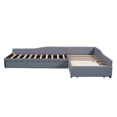 Upholstered Double Twin Daybed with Trundle and Drawer, Multifunctional Sofa Bed for Guest Room, 118" L x 77.5" W x 18.5" H, Gray