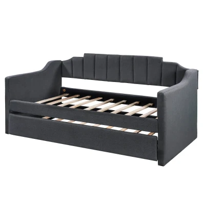 Upholstered Twin Daybed with Trundle, Solid Wood Frame, No Box Spring Needed, Trundle Bed for Compact Room, 81.5" L x 41" W x 36" H, Black