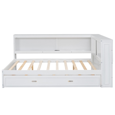 Full Size Wood Daybed with Storage Shelves, LED Lights, USB Ports, Trundle Bed for Ultimate Style and Functionality, 86" L x 66" W x 38" H, White