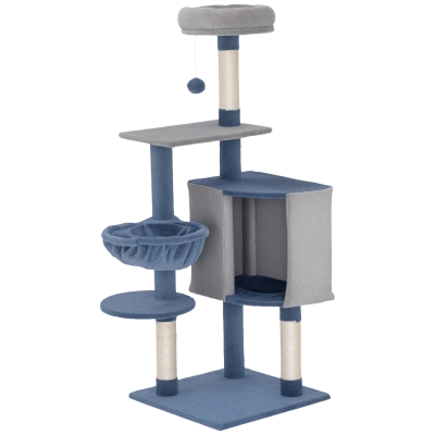 PawHut 48" Modern Cat Tree with Condo, Hammock, Perch, Sisal Scratching Posts, Toy Ball, for Indoor Cats, Blue and Grey
