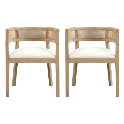 Set of 2 Dining Chairs with Rattan Round Backrest, Upholstered Seats, Dining Seats for Kitchen, 22.5" L x 22" W x 29.5" H, Beige+Natural Ash