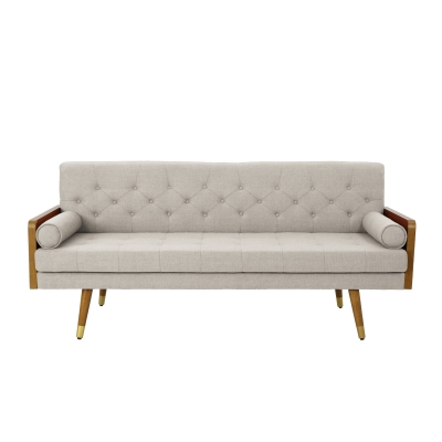 Mid-Century Modern Tufted Fabric Sofa with Rolled Accent Pillows, Daybed with Gold Tipped Rubberwood Legs, 72'' L x 30.5'' W x 32'' H, Beige