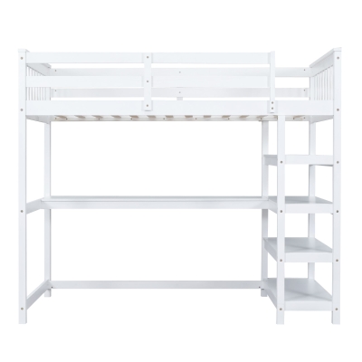 Twin Size Loft Bed with Storage Shelves, Under-bed Desk and LED Light, High-Sleeper Bed for Compact Room, 80" L x 42" W x 68.5" H, White