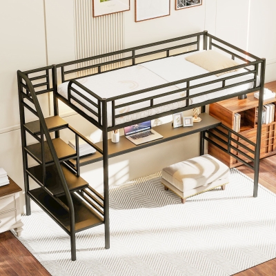 Metal Loft Bed Frame with Desk and LED Light, Sturdy Metal Frame, High-Sleeper Bed for Guest Rooms, 94.5" L x 41.5" W x 72" H, Black