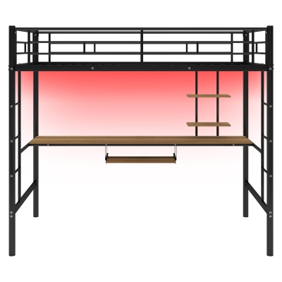 Twin Loft Bed with Built-in Desk, Shelves, and LED Lighting, Space-Saving Bunk Bed for Compact Rooms, 78" L x 41.5" W x 71.5" H, Black