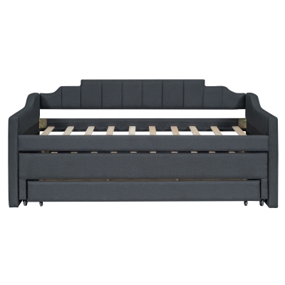 Twin Size Upholstered Daybed with Trundle and Three Drawers, Pull-out Bed for Department or Guest Rooms, 81" L x 41" W x 35.5" H, Gray