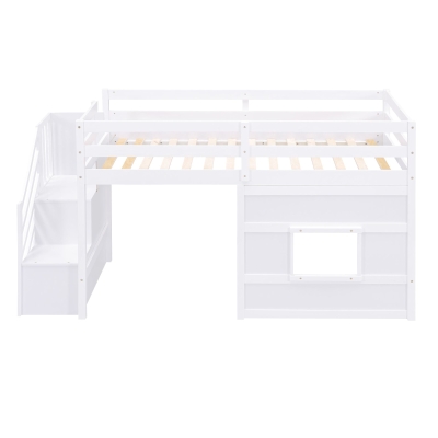Twin Size Loft Bed with Storage Staircase and Window, LED Light, High-Sleeper Bed for House with Children, 95" L x 42" W x 50.5" H, White