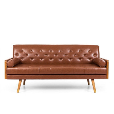 Adelaide Mid-Century Tufted Sofa with Rolled Accent Pillows, Daybed with Gold Tipped Rubberwood Legs, 72'' L x 30.5'' W x 32'' H, Light Brown