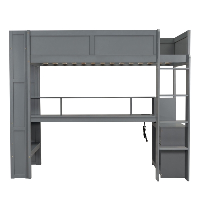 Wood Twin Size Gaming Loft Bed with Desk, Multi-Storage Shelves, Practical Bunk Bed for Compact Room, 87" L x 49.5" W x 72" H, Dark Gray