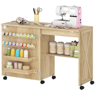 HOMCOM Sewing Machine Table on Wheels, Folding Craft Table with 2 Bins, Storage Shelf, 18 Pegs, Lockable Wheels, Natural