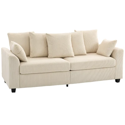 HOMCOM Corduroy Couch, 3 Seater Sofa, Modern Upholstered Couch with Curved Armrests and 8 Removable Pillows, Beige