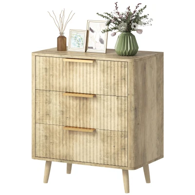 HOMCOM Fluted Chest of Drawers, Modern 3 Drawer Dresser with Pine Wood Legs, Finger Pulls for Closet, Living Room, Hallway, Oak