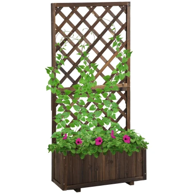 Outsunny 2.4 x 1 x 4.9 ft Garden Wooden Pine Trough Planter with Topped Trellis Climbing Plants Flower Raised Bed, Carbonized