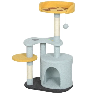 PawHut Cat Tree for Indoor Cats, 31.5 inch Cat Tower with Plush Perch, Platform, Condo, Scratching Post and Toy Ball, Blue