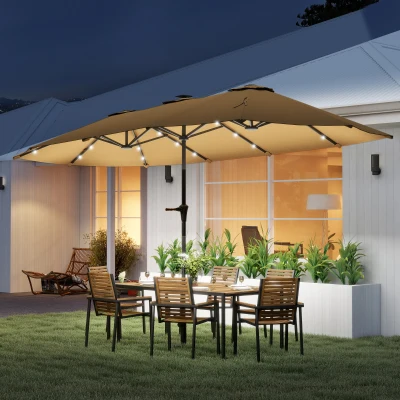 Outsunny 13ft Double-Sided Patio Umbrella with Solar Lights, Khaki