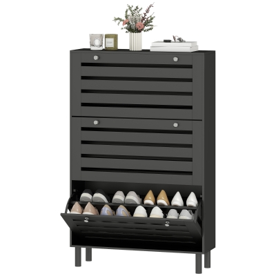 HOMCOM Narrow Shoe Storage Cabinet, 3 Flip Drawers, Adjustable Shelves, 24 Pairs Capacity, Black