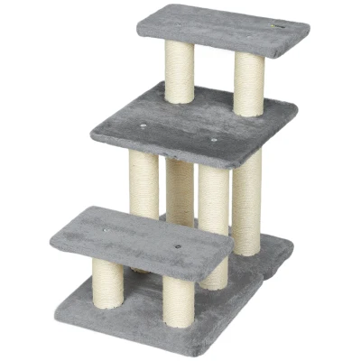 PawHut Cat Stairs with 2 Sisal Scratching Post for High Bed Couch, Adjustable 3-Tier Pet Stairs, Grey