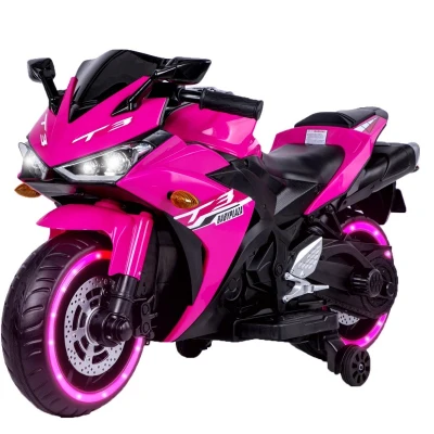 12V Ride-On Motorcycle for Kids with Training Wheels and Headlight, Pink