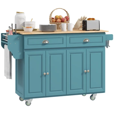 HOMCOM Kitchen Island with Storage, Rolling Kitchen Island with Drop Leaf, Rubber Wood Top and Adjustable Shelves, Light Blue