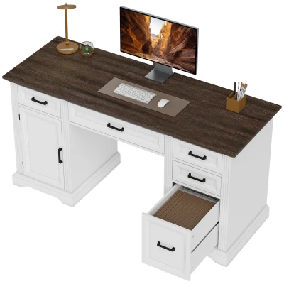 HOMCOM 58" Home Office Desk with Soft-Close Drawers, Farmhouse Executive Desk with File Drawer for Letter Size, White
