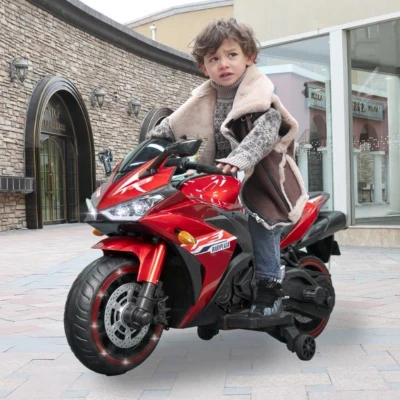 12V Ride-On Motorcycle for Ages 3-8 with Training Wheels and Headlight, Red