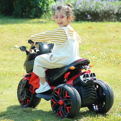 3-Wheel 12V Kids Electric Ride-On Motorcycle with Training Wheels and Headlight, Red