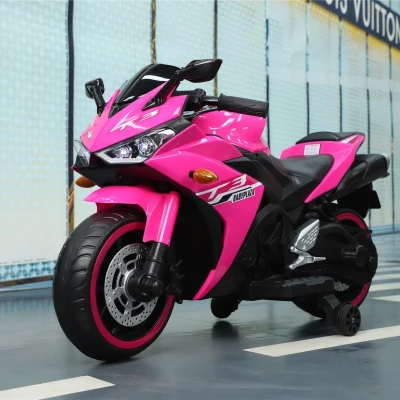 12V Ride-On Motorcycle for Kids with Training Wheels and Headlight, Pink