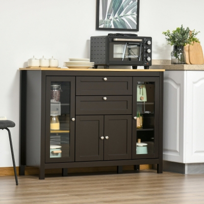 HOMCOM Buffet Cabinet Sideboard with 2 Drawers, 3 Storage Cabinets, Glass Doors and Adjustable Shelves, Dark Brown
