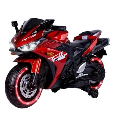 12V Ride-On Motorcycle for Ages 3-8 with Training Wheels and Headlight, Red