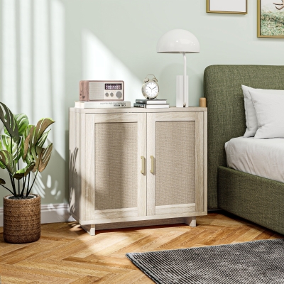 HOMCOM Accent Cabinet with Linen Doors and Adjustable Shelves for Living Room, Dining Room, Kitchen