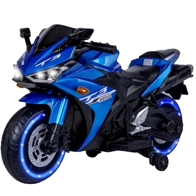 12V Kids Ride-On Motorcycle with with Training Wheels and Headlight, Blue