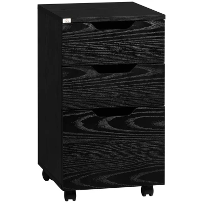 HOMCOM Vertical Filing Cabinet, 3 Drawer Mobile File Cabinet, Under Desk Office Storage Cabinet with Wheels, Black Wood Grain
