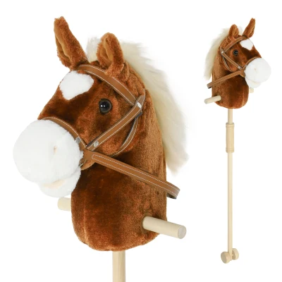 Qaba Unicorn Stick Horse, Plush Hobby Horse with Wood Wheels, Real Pony Neighing and Galloping Sounds, for Kids, Brown