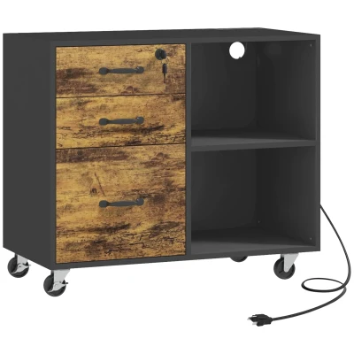 HOMCOM Mobile Printer Stand with Charging Station USB Ports Locking Filing Cabinet for A4 Letter Size Rustic Brown and Black