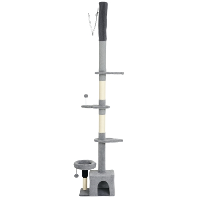 PawHut Floor to Ceiling Cat Tree, 4 Tiers Tall Kitty Climbing Tower with Scratching Post, Adjustable Height 87-100"