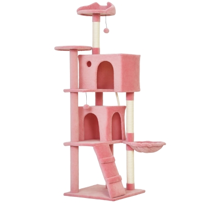 PawHut 63 Inch Cat Tree with Sisal Scratching Posts, Condos, Plush Perches, Hammock, Ladder, Dangling Balls, Pink