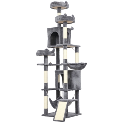 PawHut 76" Large Cat Tree for Indoor Cats with 8 Scratching Posts, 3 Plush Beds, 2 Hammocks, 2 Large Condos, Ramp, Dark Grey