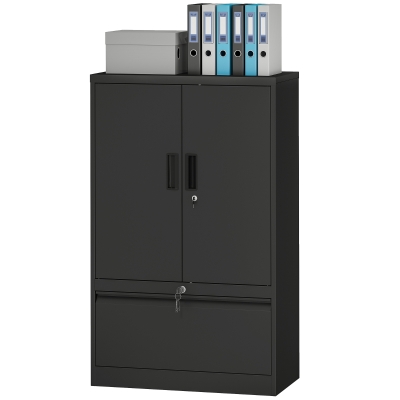 HOMCOM Lateral Filing Cabinet, Metal Storage Cabinet, Garage Cabinet with Double Locks, Adjustable Shelf and File Drawer, Black